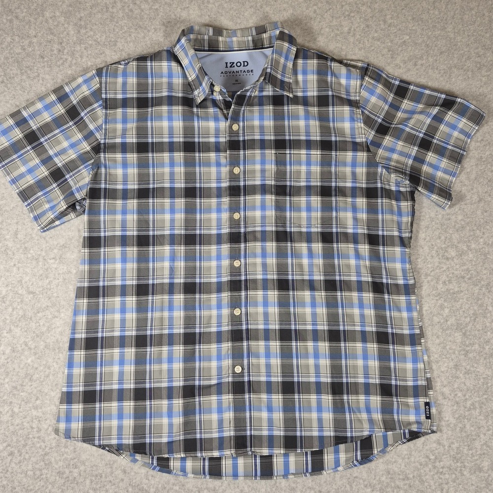 IZOD Button Down Shirt Mens XL Blue Gray Plaid Adv Performance Short Sleeve
